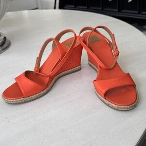 Tory Burch Women's Orange Quielted Espadrille Wedge Sandals, Slingback, Size 8